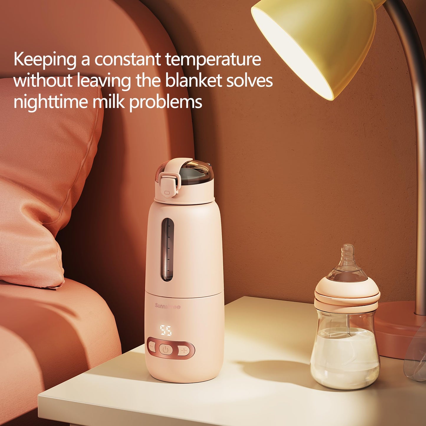 Calentador de biberones portátil rosa para viajes, calentador de leche para bebés con batería de 15000 mAh, recipiente para fórmula para llevar, calentamiento rápido para leche materna y fórmula, carga rápida e inalámbrico