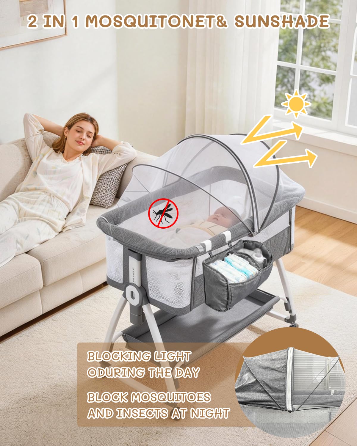 Leoavetole - Moisés de cama para bebé, cuna 4 en 1 con ruedas, cuna ajustable de 6 altura con malla transpirable para recién nacidos y bebés (gris profundo)