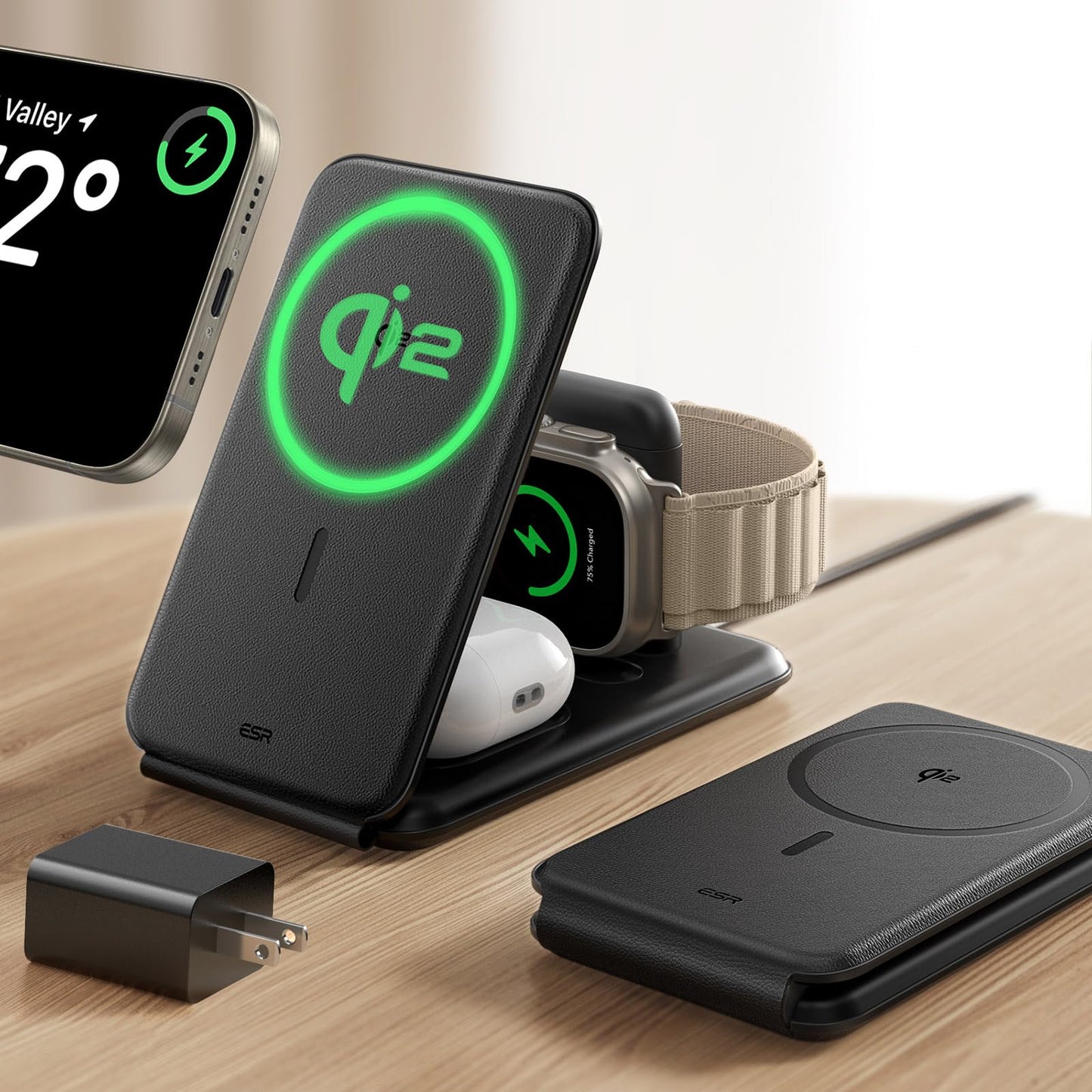 Estación de Carga 3 en 1 ESR para Apple en Blanco con Qi2 MagSafe Cargador 15W para iPhone y Watch