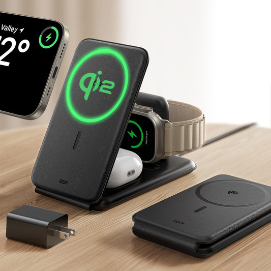 Estación de Carga 3 en 1 ESR para Apple en Blanco con Qi2 MagSafe Cargador 15W para iPhone y Watch
