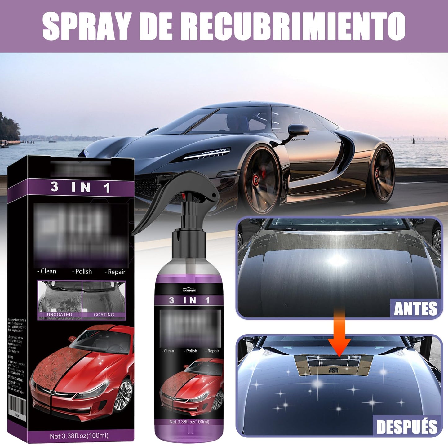 Spray de Recubrimiento de Coche VKUJDT Negro Acción Rápida con Alta Protección 3 en 1 360ml más Esponjas y Toallas