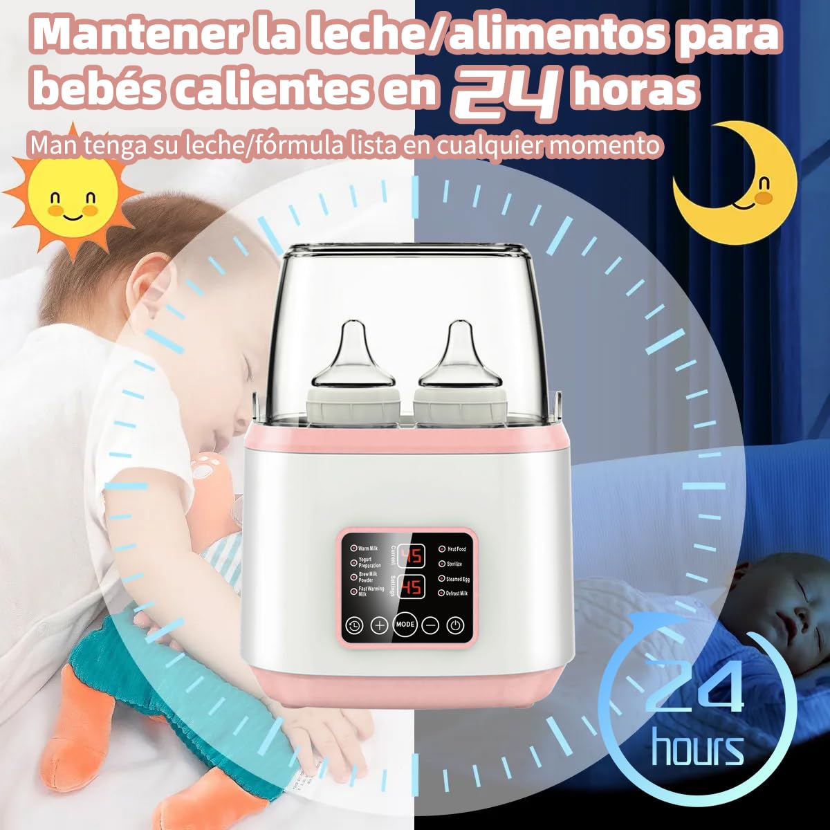 EEBOU Calentador de Biberones Esterilizador Multifuncional 8 en 1 [Modelo Mejorado de 2026], Apto para 4 Biberones, Calentador de Biberones Portatil Modo Constante de 24H, Sin BPA (Rosa)
