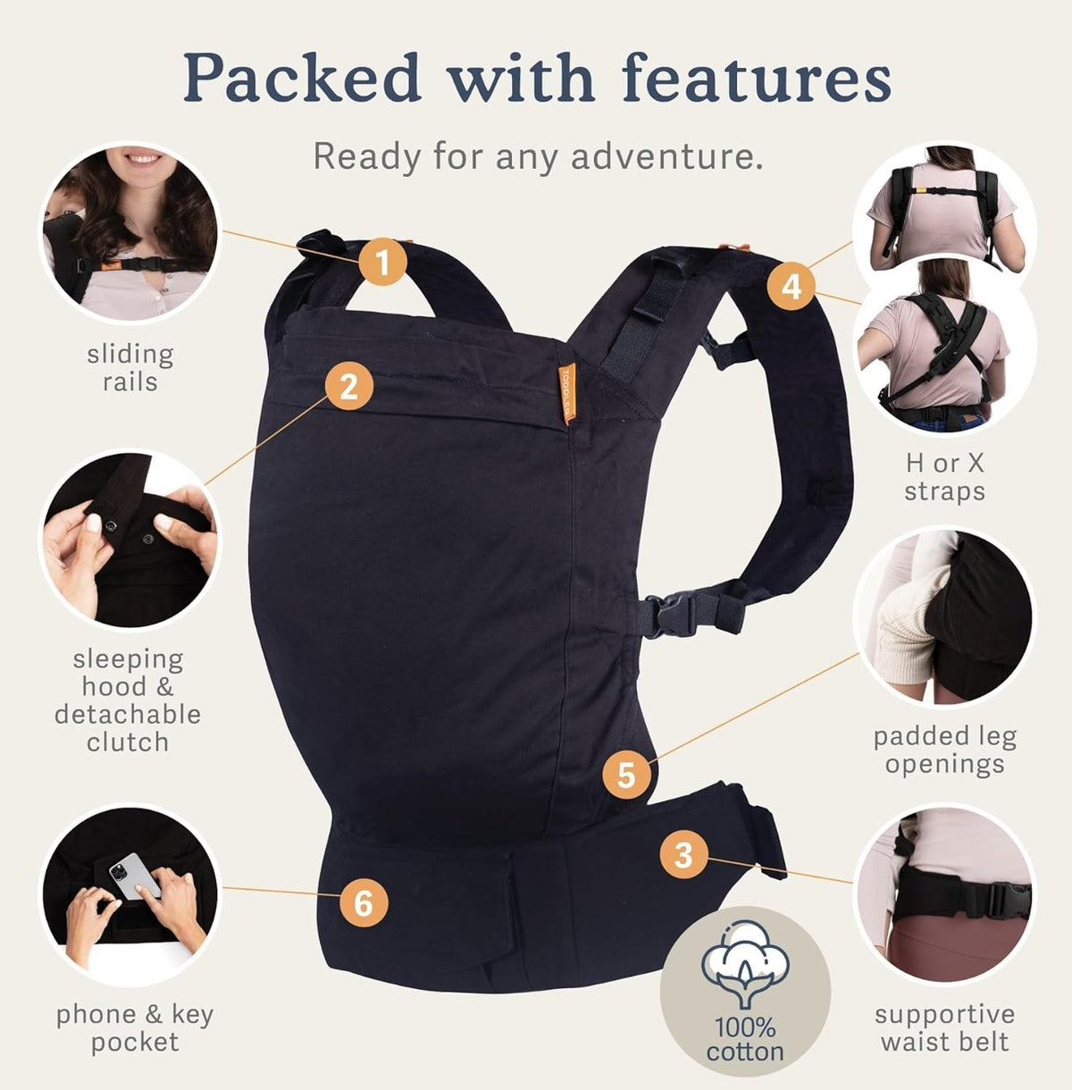 Beco - Portabebés para niños pequeños con asiento extra ancho, 100% algodón, estilo mochila y transporte frontal, ligero y ergonómico para niños (24-48 meses), color crudo