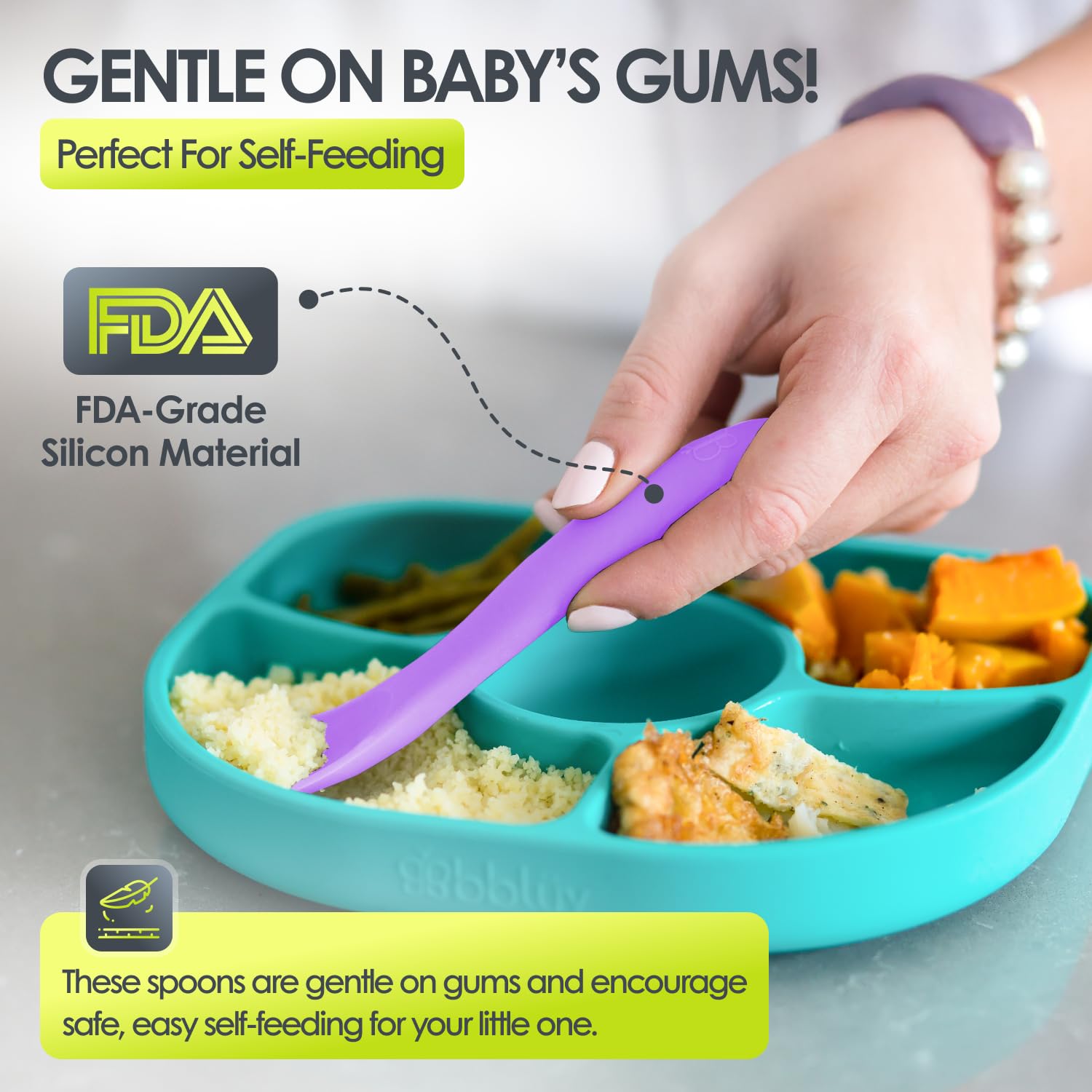 bblüv - Spoön - 5 cucharas de silicona para bebés - Cucharas para niños pequeños, para autoalimentación para bebés, silicona de grado alimenticio, sin BPA, apta para lavavajillas (Pink)