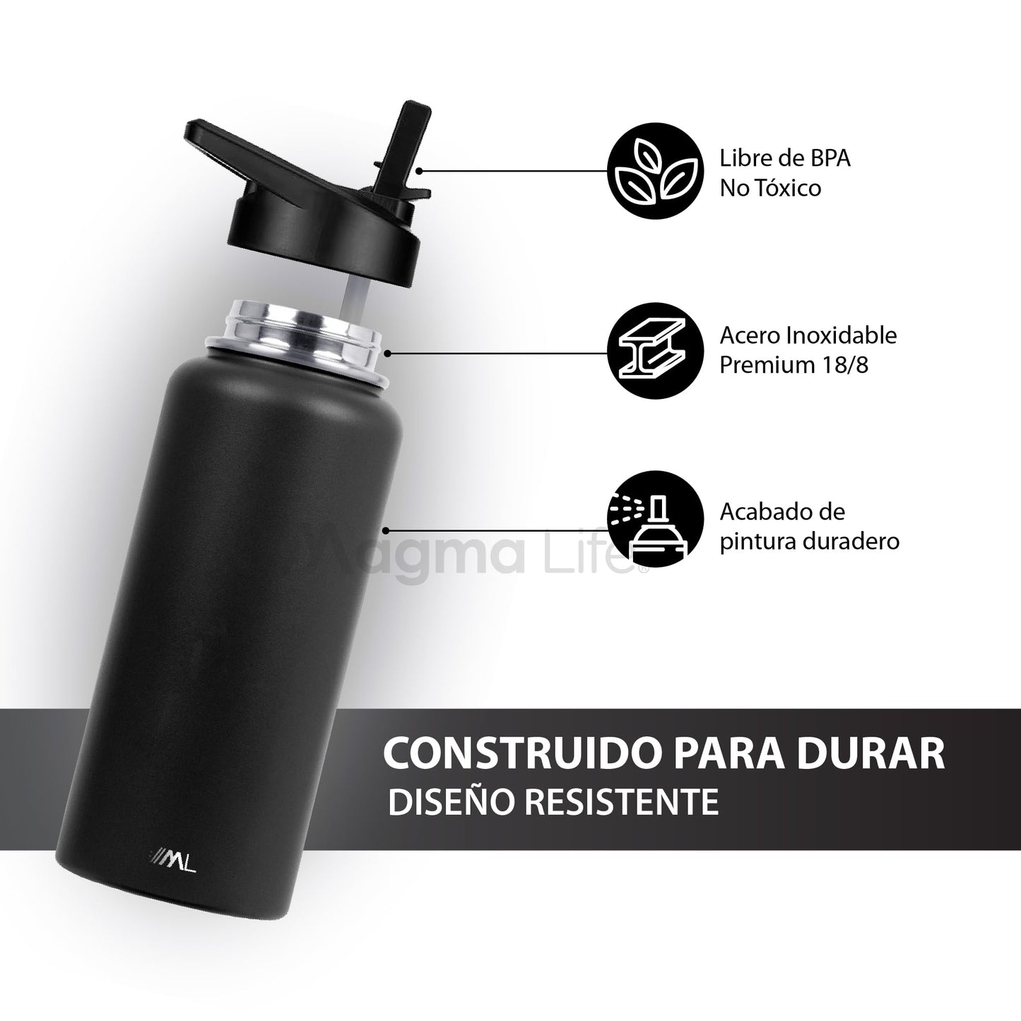 Magma Life Termo para Café y Agua de Acero Inoxidable 32 Oz (950 ml): Contiene 3 Tapas para Diferentes tipos de Bebidas, Ideal para Mantener la Temperatura Deseada (Black)