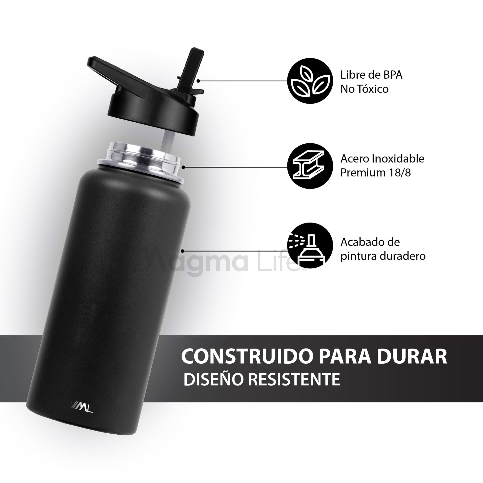 Magma Life Termo para Café y Agua de Acero Inoxidable 32 Oz (950 ml): Contiene 3 Tapas para Diferentes tipos de Bebidas, Ideal para Mantener la Temperatura Deseada (Black)