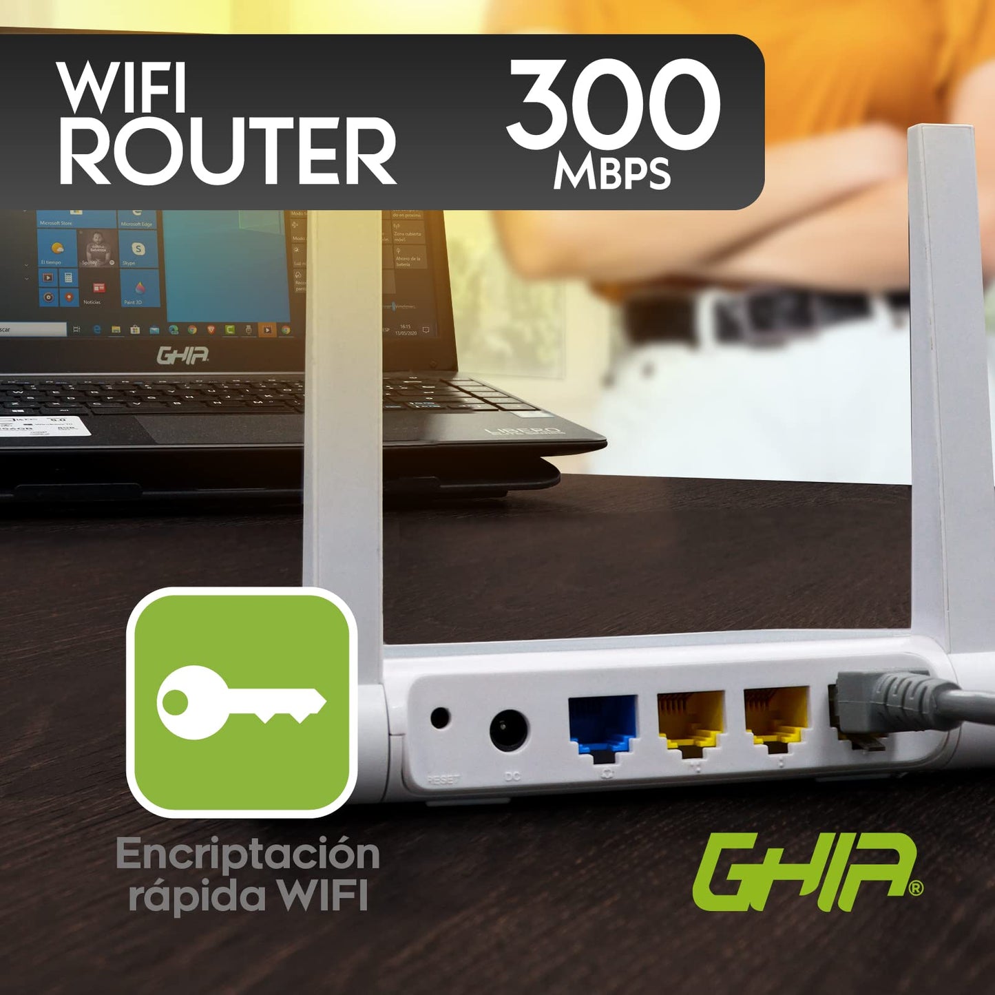 GHIA Router INALAMBRICO 300MBPS 802. MULTIMODO Access Point REPETIDOR WISP 11N/G/B 3 Puertos LAN 10/100 1 Puerto WAN 10/100 2 Antenas FIJAS EXTERNAS 5DBI