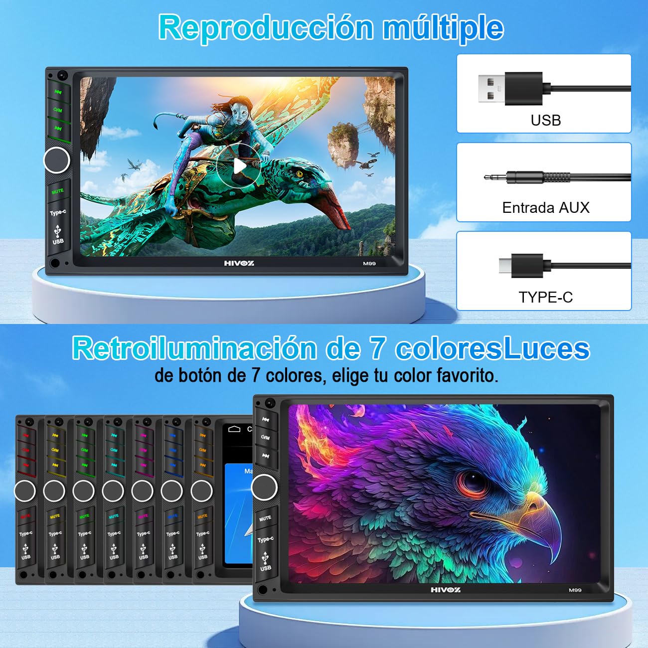 HIMICAR Autoestéreo para Carro de 7 Pulgadas con Pantalla Doble DIN, Solo DIN& Doble Design Estéreo Multifuncional para Automóvil, MP5, FM, AUX, TF, Cámara Trasera, GPS, Bluetooth