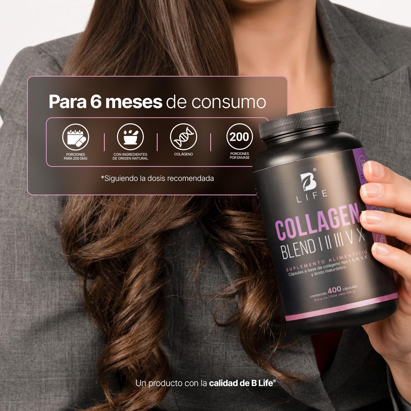 B Life Colágeno Hidrolizado Tipo I, II, III, V y X | 400 cápsulas | Con Vitamina C y Ácido Hialurónico | 1000 mg por porción | Ingredientes Naturales | Collagen Blend I, II, III, V X