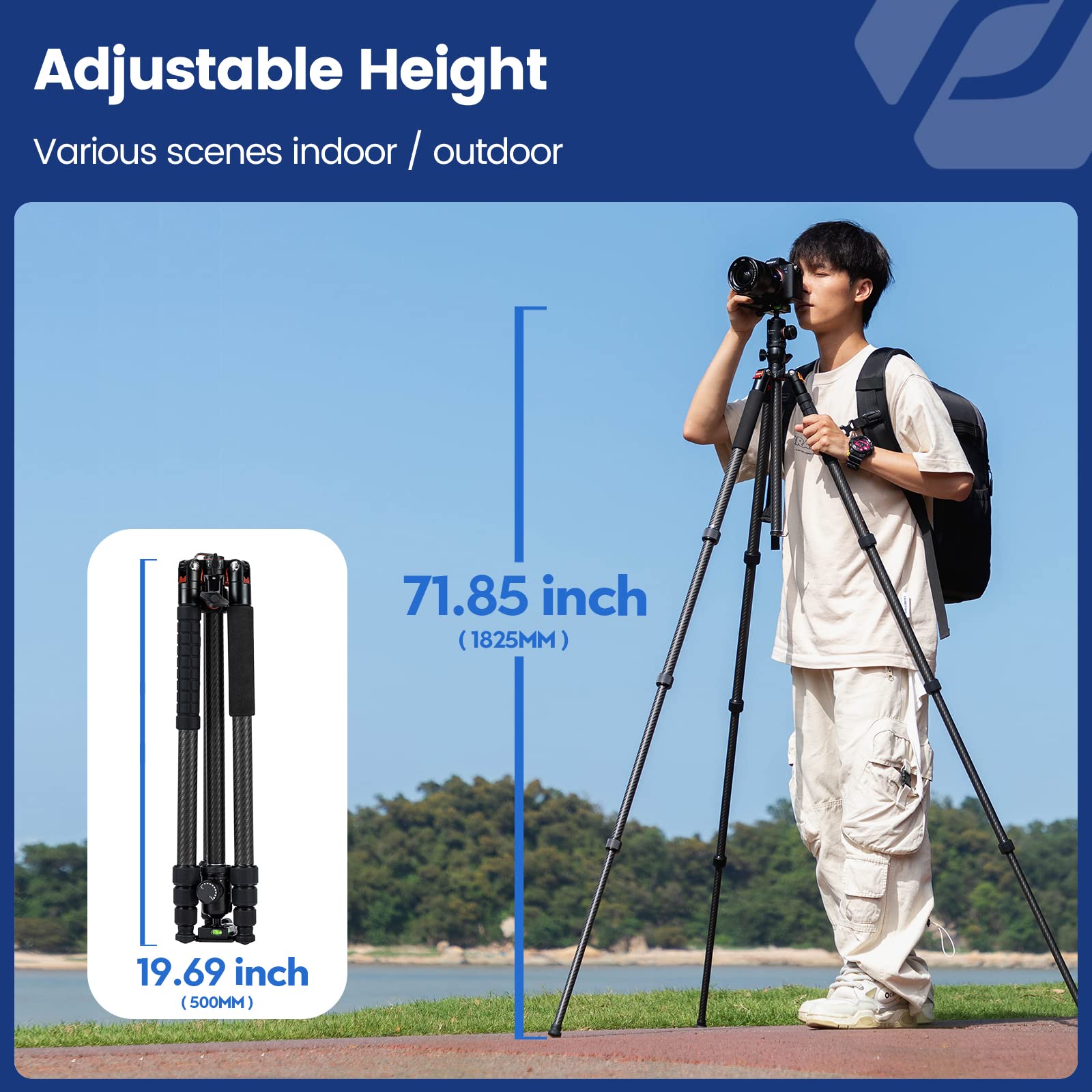 Fotopro - Trípode Horizontal de Fibra de Carbono, trípode de cámara de 75 Pulgadas con Cabezal de Bola de 360 Grados, Placa de liberación rápida para videocámara DSLR, trípode 2 en 1, Carga máxima de