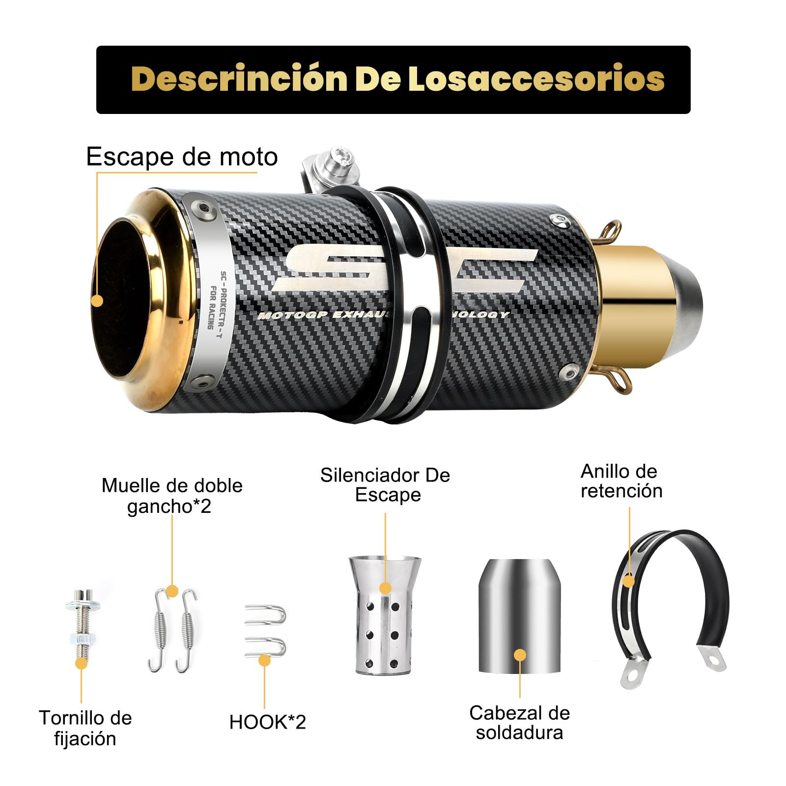 Kayoosi Escape de Moto, Tubos de Silenciador de Escape Universal de 51mm, Tubo de Escape de Acero Inoxidable para Motos, Street Bikes, Dirt Bikes (Fibra de Carbono Dorado)