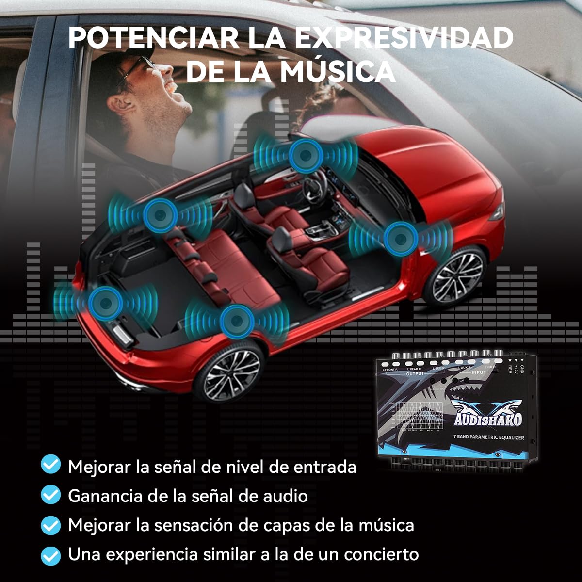 Ecualizador de Automóvil AUDISHAKO Negro con 7 Bandas y 4 Entradas RCA para Coches, Camionetas y Todoterrenos
