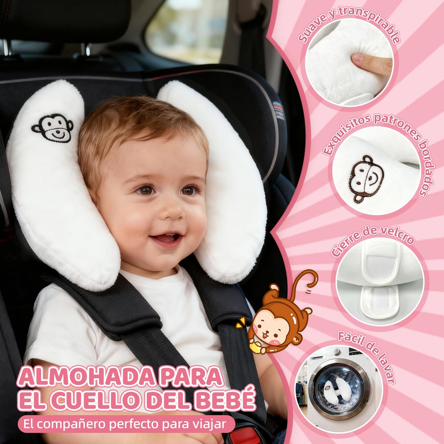 REKOBON Reposacabezas de Viaje Ajustable para Bebés, Paquete de 2, Blanco