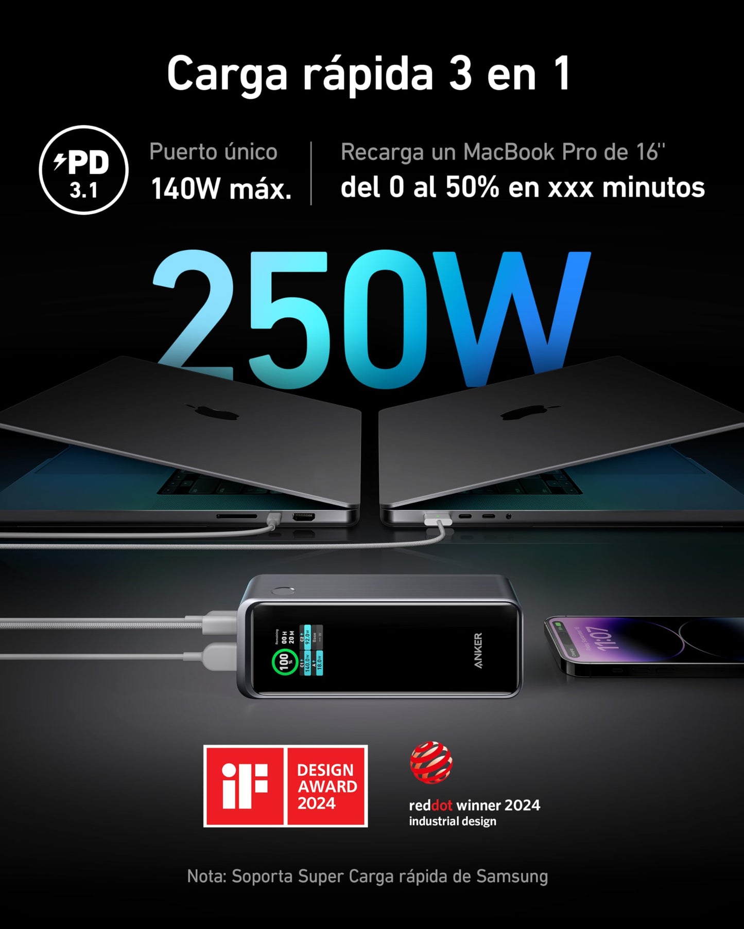 Power Bank Anker Prime Negro de 27,650mAh y 250W con 3 Puertos y App Inteligente