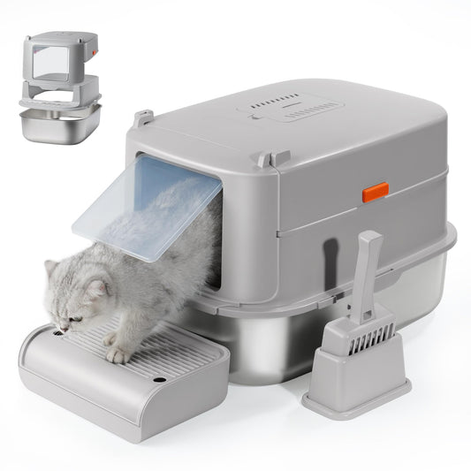 Aupures - Caja de arena de acero inoxidable con tapa – Caja de arena para gatos cubierta extraíble XL con solapa de puerta, caja de arena de metal extragrande con lados altos, cuchara de arena –