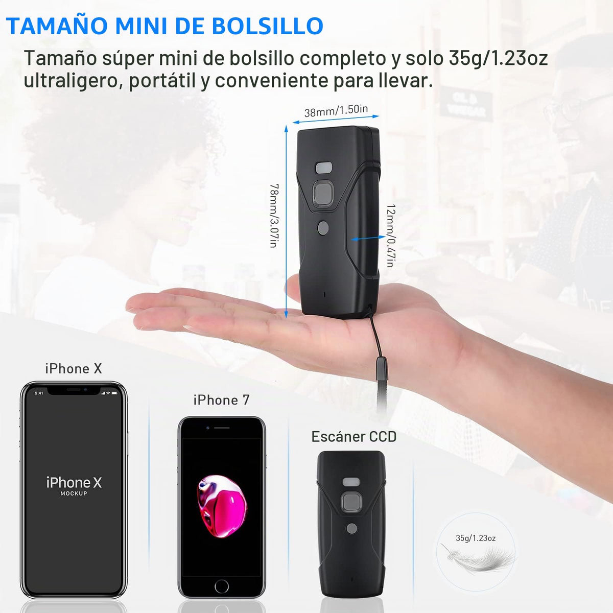Escáner de Código de Barras Jrhc Mini 2D Negro Portátil Inalámbrico Bluetooth 3 en 1 Compatible con iOS, Android, Windows, Mac y PC