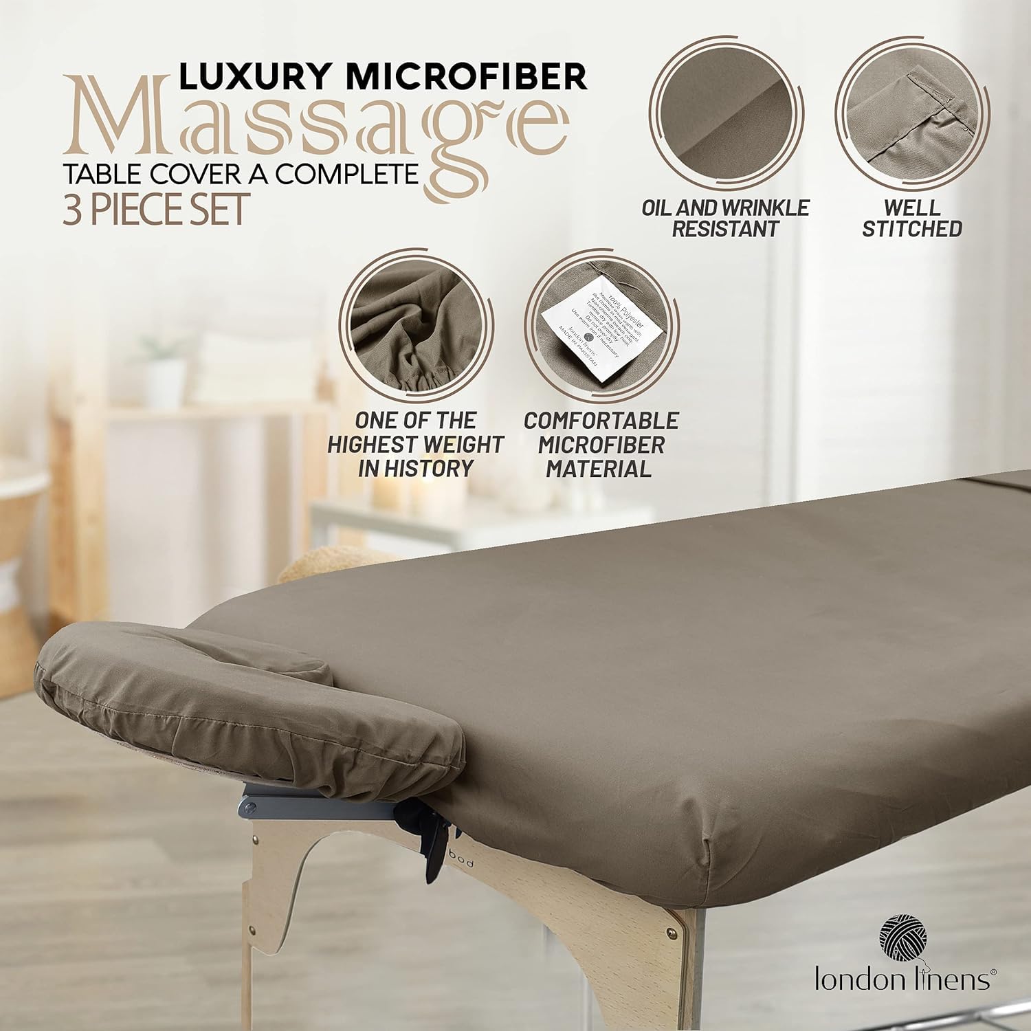 LONDON LINENS - Juego de 2 sábanas de microfibra suave para mesa de masaje, juego de 3 piezas, incluye funda de mesa de masaje, sábana bajera de masaje y funda de reposamanos de masaje (nogal)