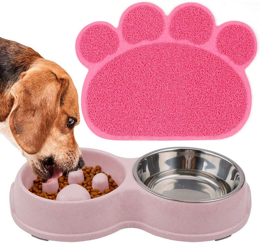 FUXINGONE Comedero para Perros y Gato, Platos para Mascota de Acero Inoxidable con tapete Antideslizante, Tazones Dobles para Agua y Comida, para Perros y Gatos (Rosa)