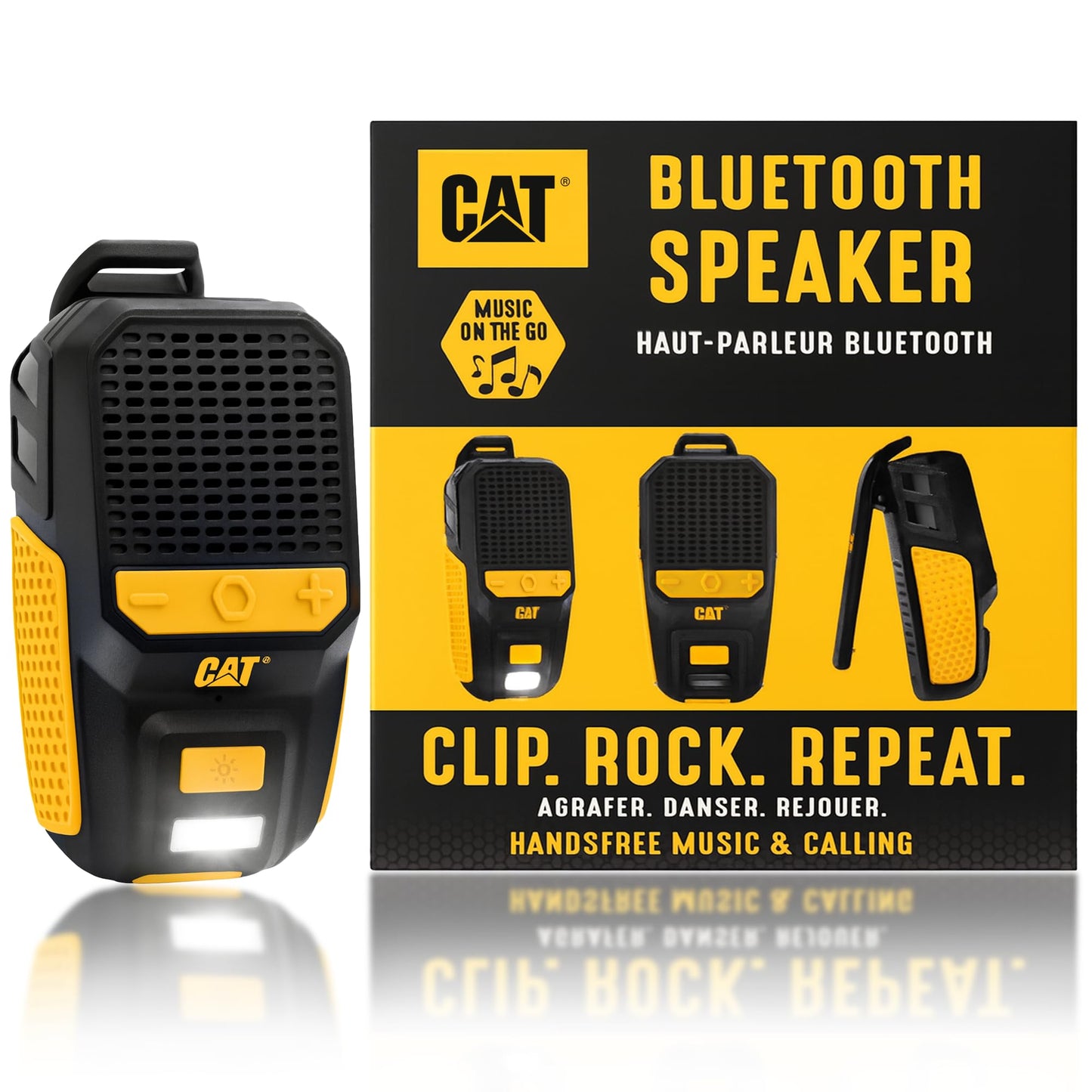CAT - Altavoz Bluetooth portátil | Altavoz con clip con micrófono integrado para lugar de trabajo, construcción, exterior, resistente al agua, llamadas y música manos libres
