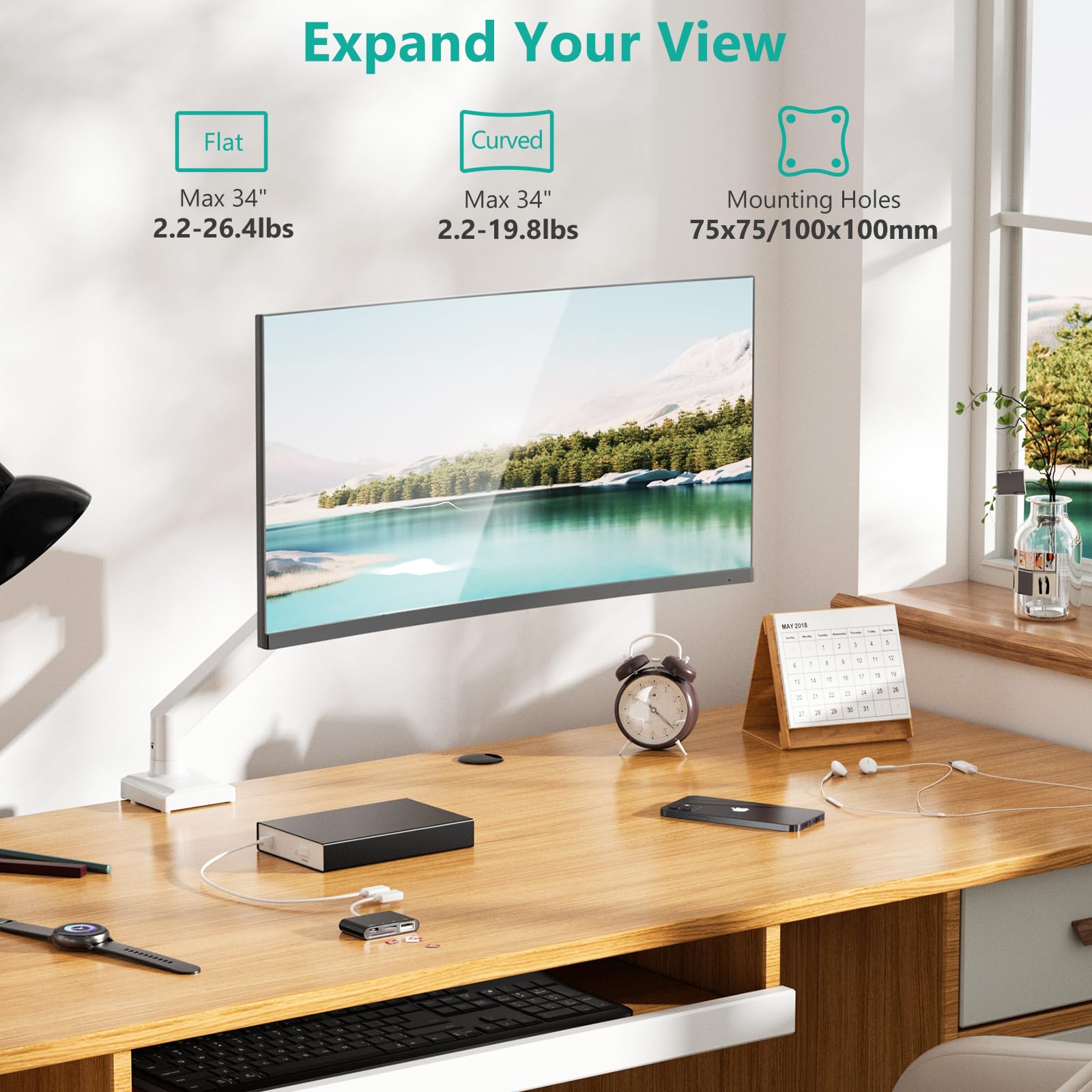 Soporte para Monitor WALI Blanco con Resorte de Gas Ergonómico Ajustable para Monitores hasta 34 Pulgadas y 12 kg