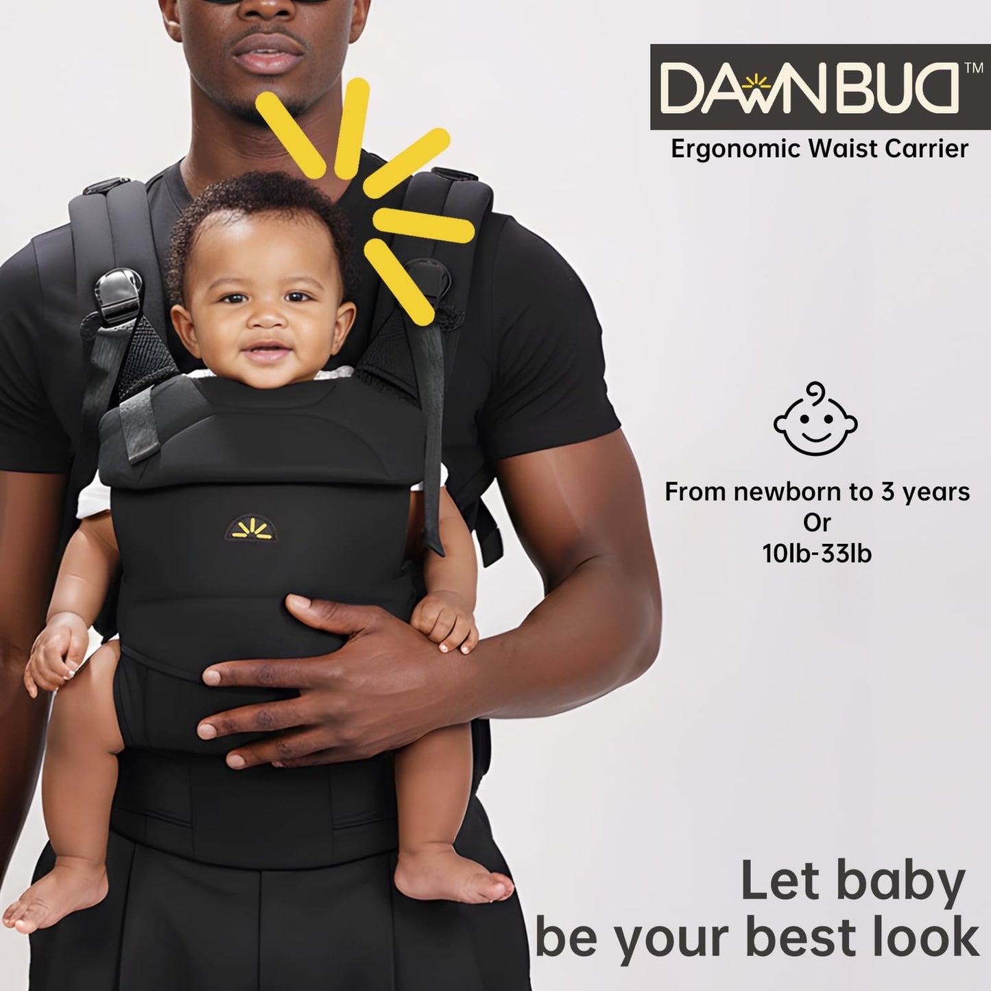 Dawnbud - Portabebés para recién nacidos y niños, ajustable, ultrasuave y ligero, ergonómico con soporte para la cabeza, equipo de viaje para bebés, artículos esenciales para bebés (negro)