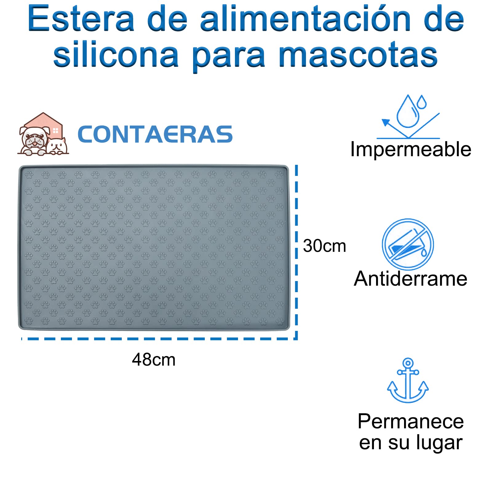 Tapete de Silicona CONTAERAS Gris Antidesbordamiento para Mascotas Pequeñas, Medianas y Grandes