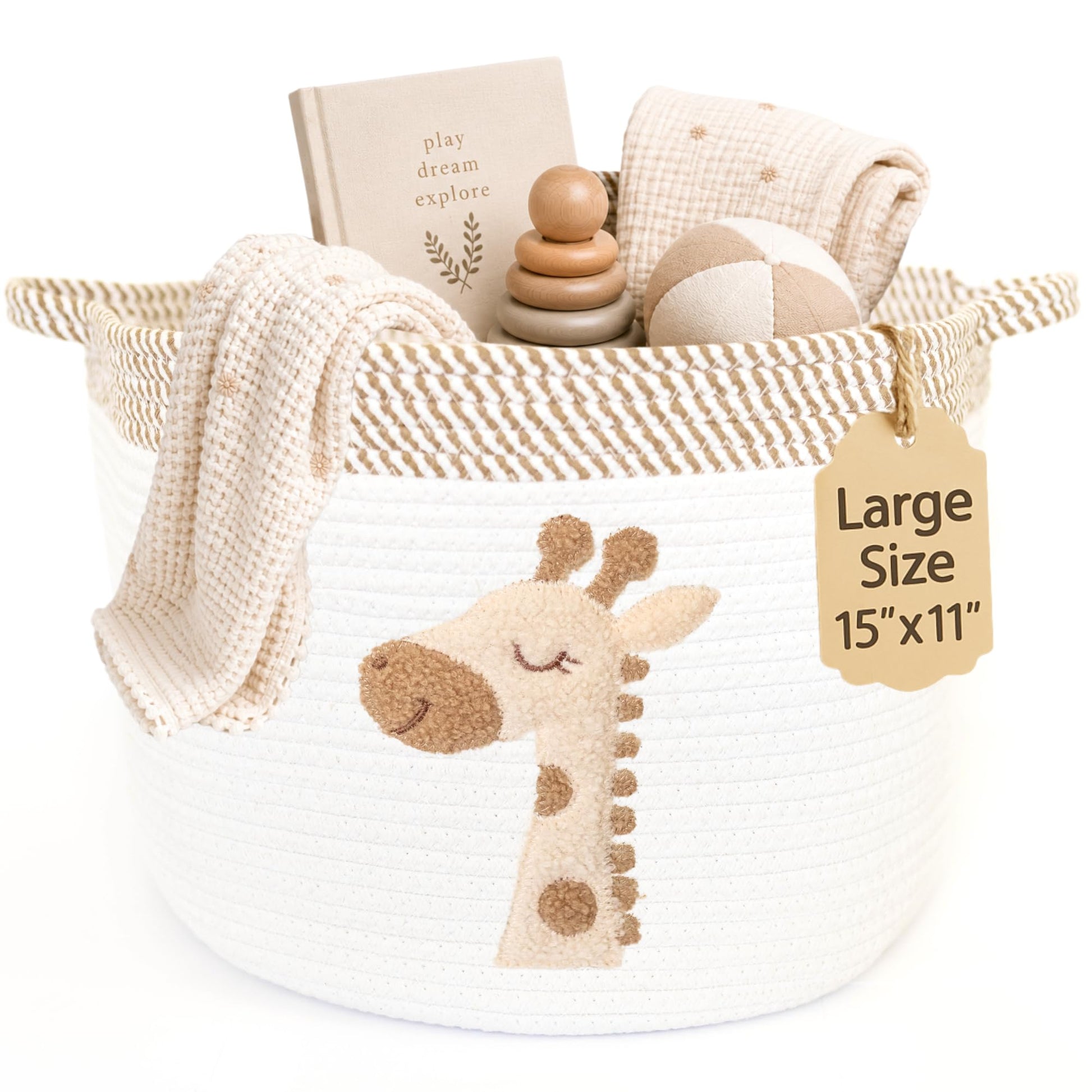 Cesta de almacenamiento de jirafa para guardería – Contenedor grande de cuerda de algodón de 15 x 11 pulgadas con parche de fieltro suave – Organizador de juguetes, cesta de lavandería para bebé