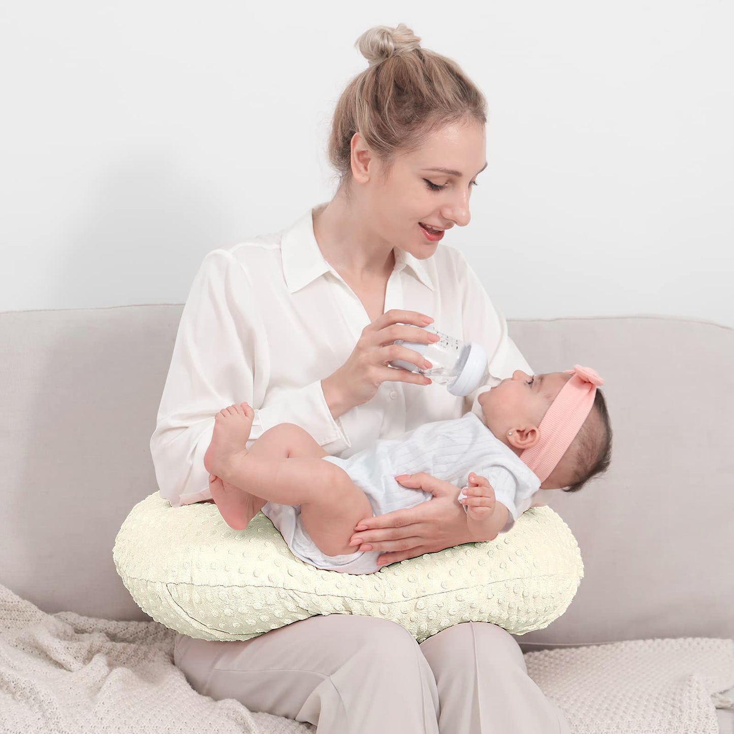 QUENESS Almohada y posicionador para lactancia, para alimentación con pecho y biberón, soporte para sentar al bebé con cubierta ultra suave removible, soporte para tiempo boca abajo para bebés niños y