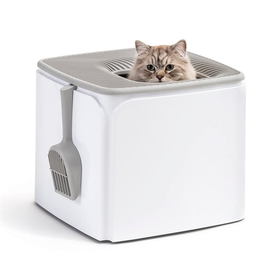 Caja de Arena para Gatos IRIS USA Blanco Gris de Alta Calidad con Entrada Superior y Control de Olores