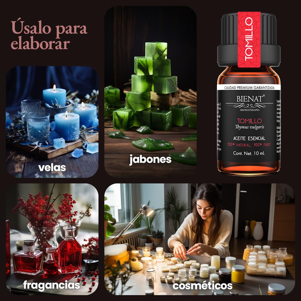 BIENAT AROMATERAPIA Aceite Esencial de Tomillo 10mL | 100% Puro y Concentrado | Ideal para Difusor de Aromas, Humidificador, Aromaterapia, Masajes, Meditación, Jabones y Velas | Esencia Natural en Gotas