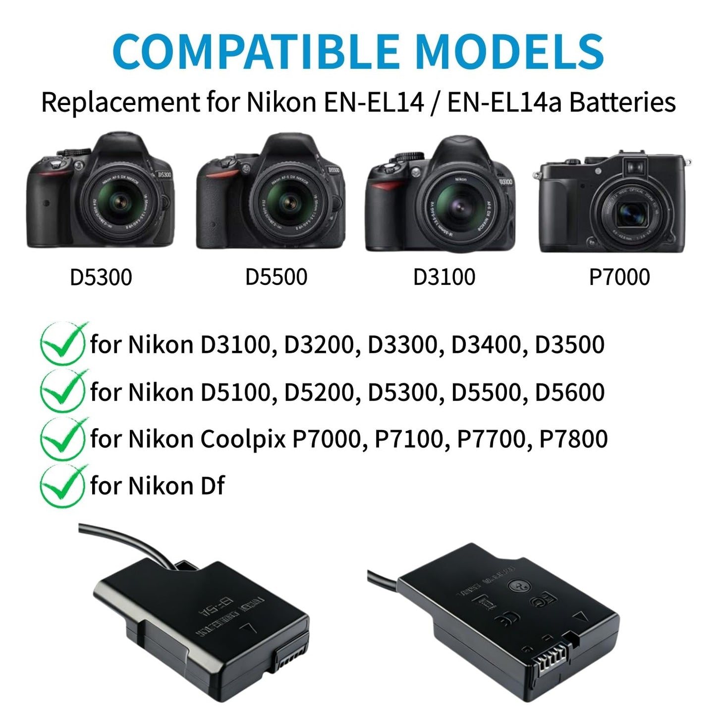 Kimaru EH-5a Adaptador de alimentación CA EN-EL14 Batería Dummy EP-5A Kit de acoplador DC para cámaras D3500 D3200 D5100 D5200 D5300 D5500 D5600 D3100 D3300 D3400.
