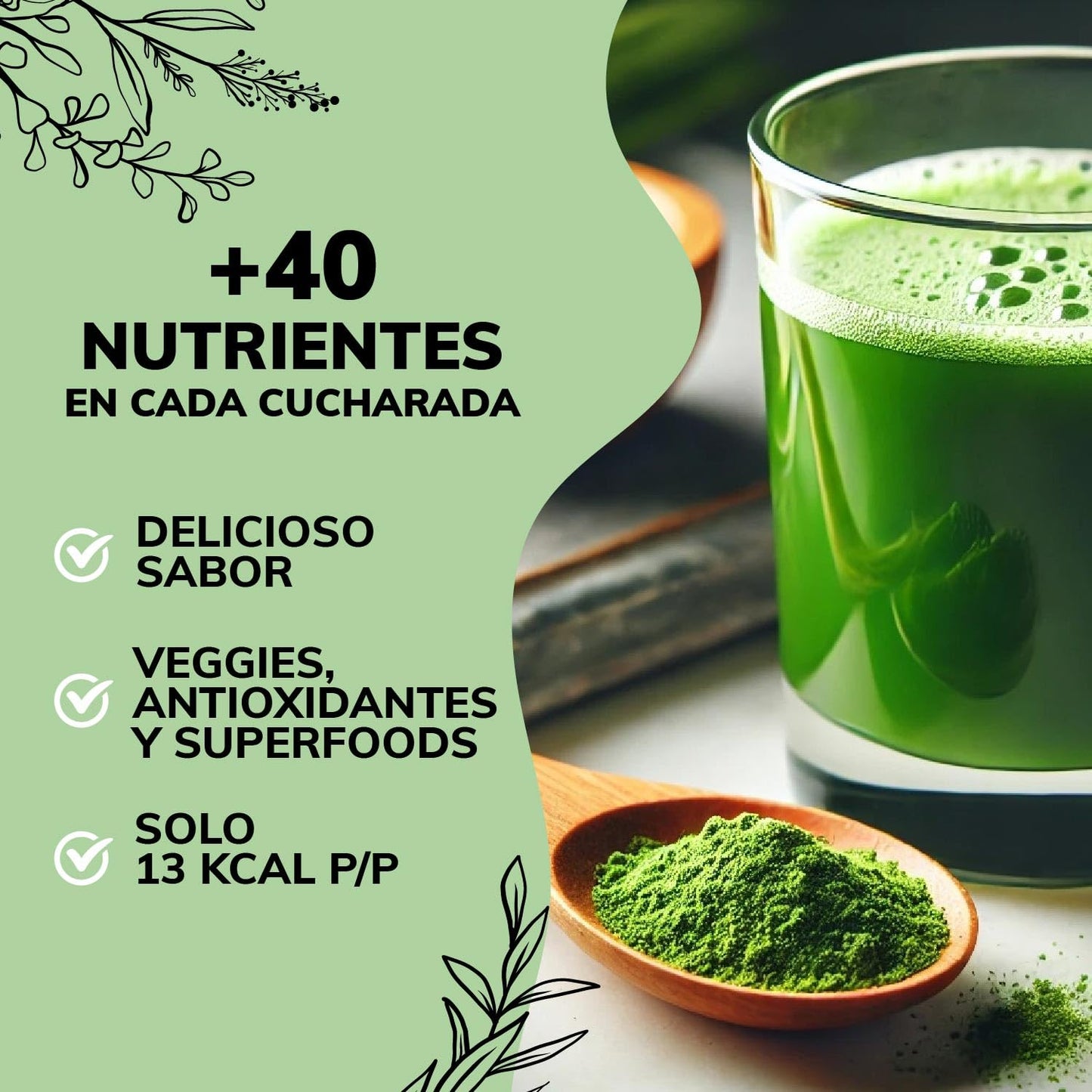 Quotidien | Green Mix Jugo Verde en Polvo con Té Matcha, Espirulina, Té Verde, Espinaca, Clorofila, Moringa, Melena de León, Enzimas Digestivas, Probióticos y muchos más | Super Blend Sabor Frutos Rojos | 30 porciones