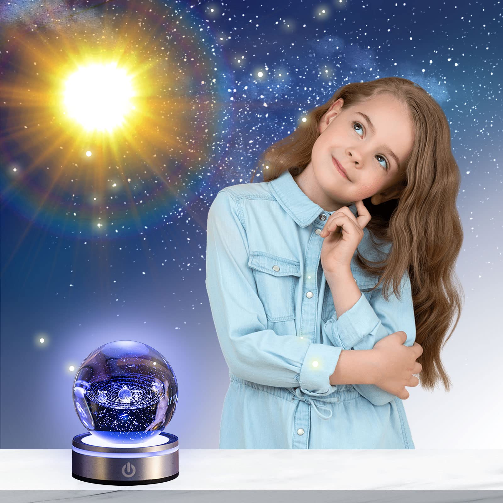 Bola de Cristal 3D, 8cm/3.15inch Sistema Solar Bola de Cristal Planetas Bola de Cristall con Base de la Lámpara del LED, Regalos de Astronomía de Planeta para Niños Adultos Amantes de la Astronomía