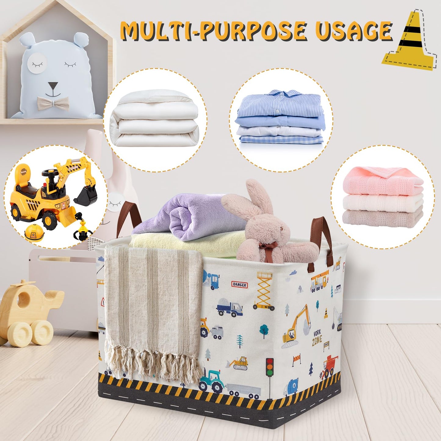 Cesta para decoración de vivero de construcción, cesta de almacenamiento de regalo para niños, camiones de transporte, excavadoras, cesta de juguetes para bebé, cesta de bebé, grande, rectangular,