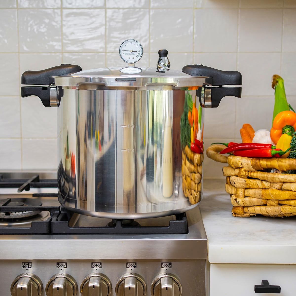 Barton - olla de presión de 22 cuartos de galón de capacidad, manómetro integrado con (1) estante, aluminio pulido