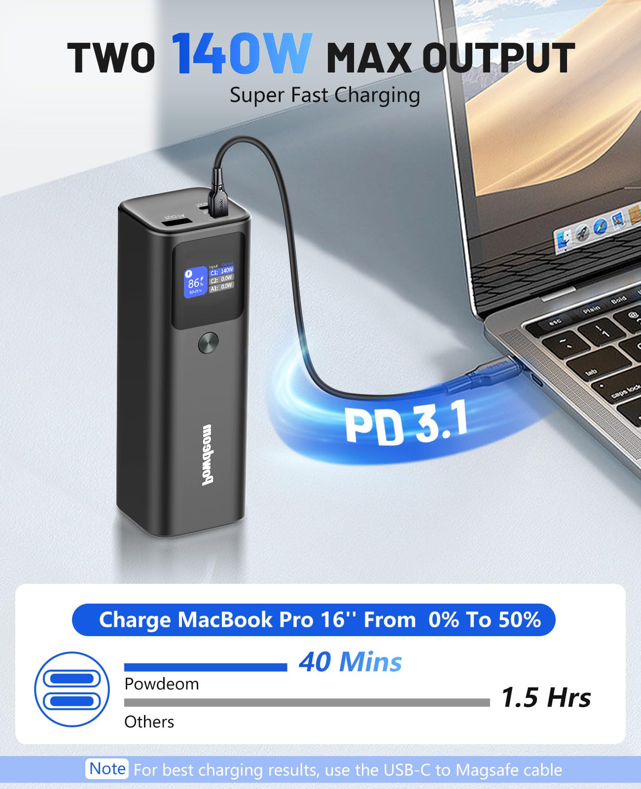 Banco de Energía Powdeom 140 W Negro con Visualización Digital Inteligente y Cargador Portátil de 3 Puertos para iPhone 15/14