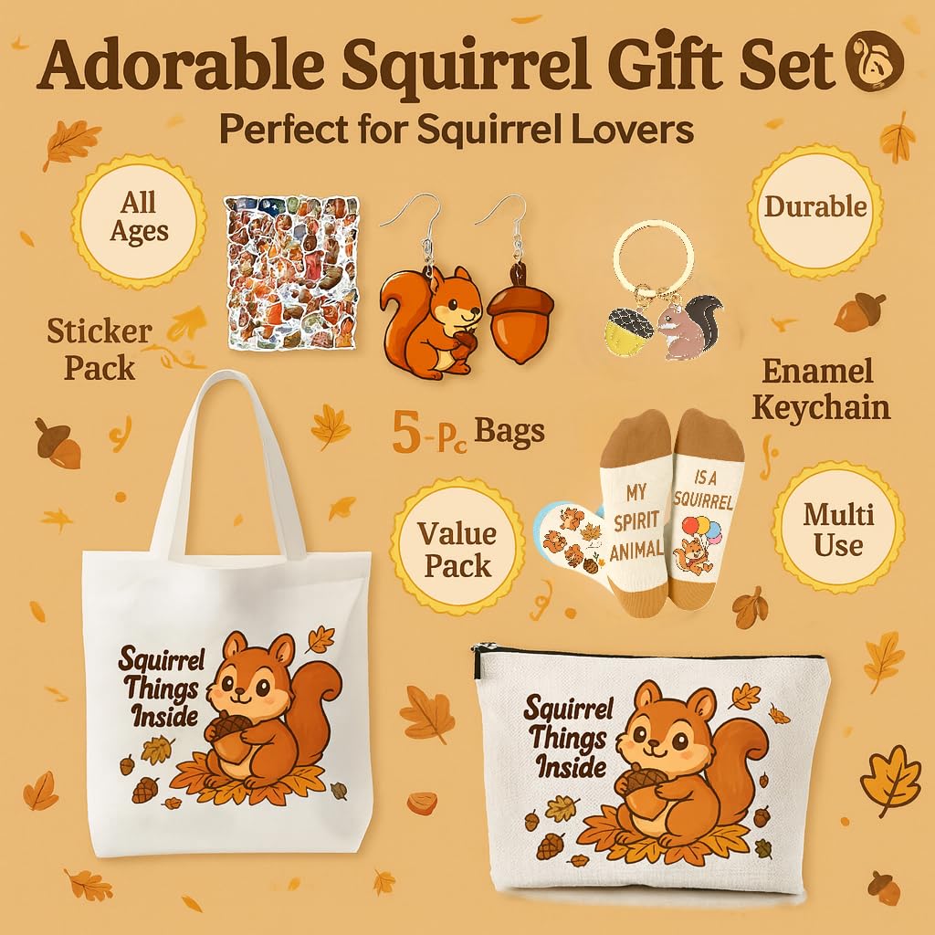 Flotreif Juego de regalo de ardilla incluye calcetines divertidos de ardilla, bolsa de maquillaje, pegatinas, arete (juego de ardilla)