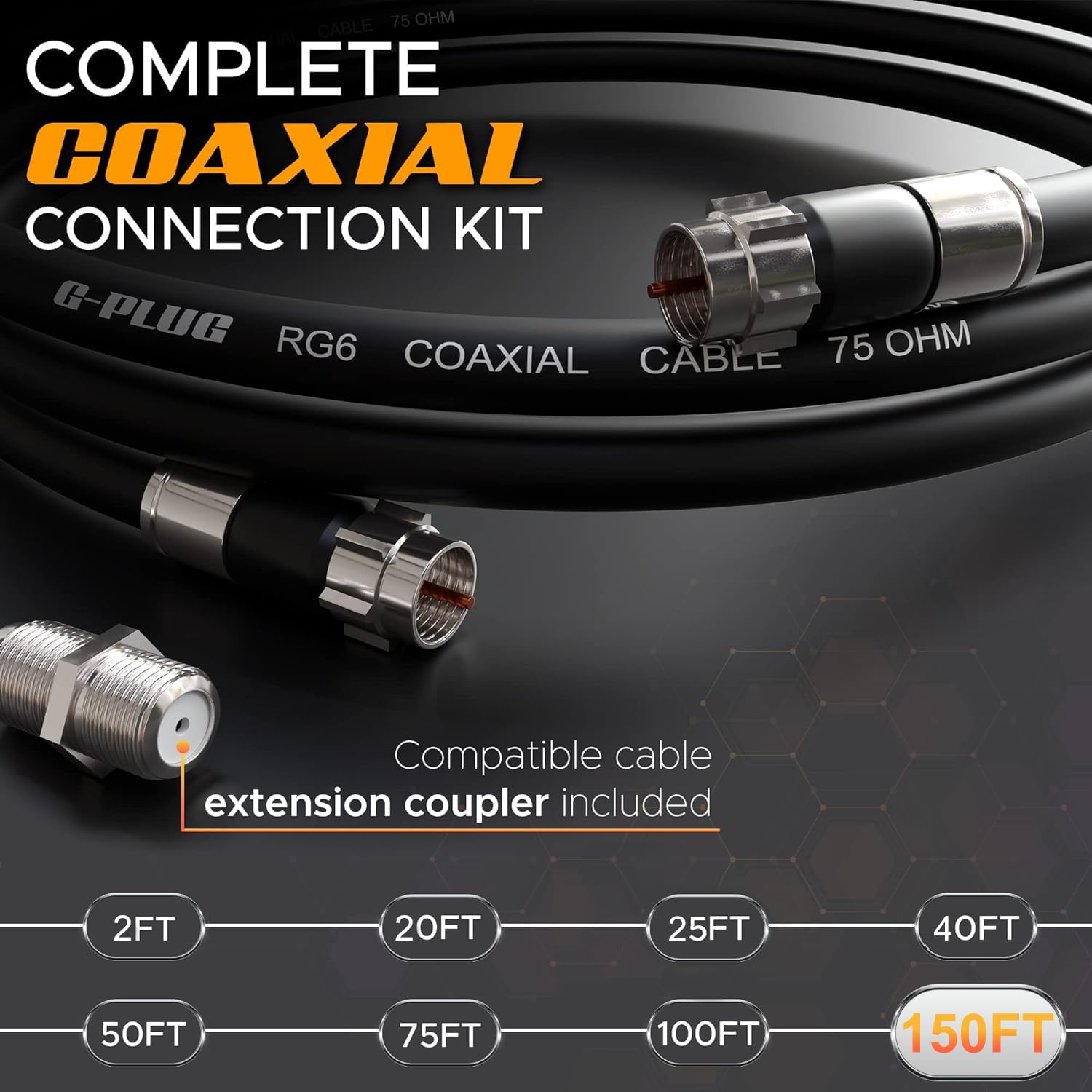 G-PLUG Cable Coaxial RG6 75 Ohm, Triple Blindaje, Conectores F Tipo Macho a Macho, Cable Antena TV, Satelital e Internet Banda Ancha, Incluye Acoplador F81, Negro