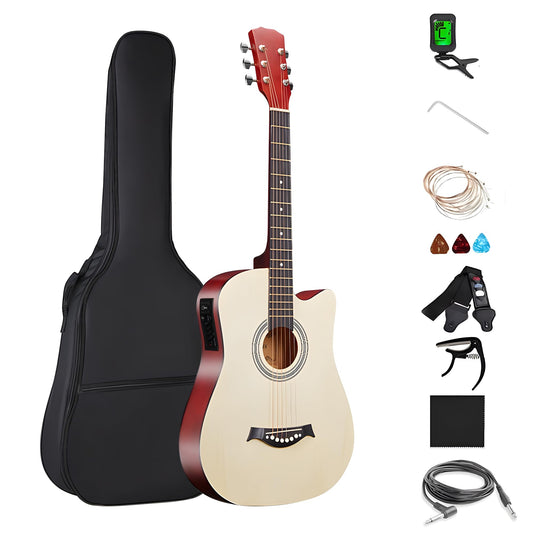 JUHANI Guitarra Eléctrica y Acústica de 38 Pulgadas, Fabricada Sobre Madera de Tilo 18Trastes, Con Estuche Kit Accesorios, Correa,Cuerdas Extra Metal, Afinador, Pastilla, Adulto &Nino (Color Madera)