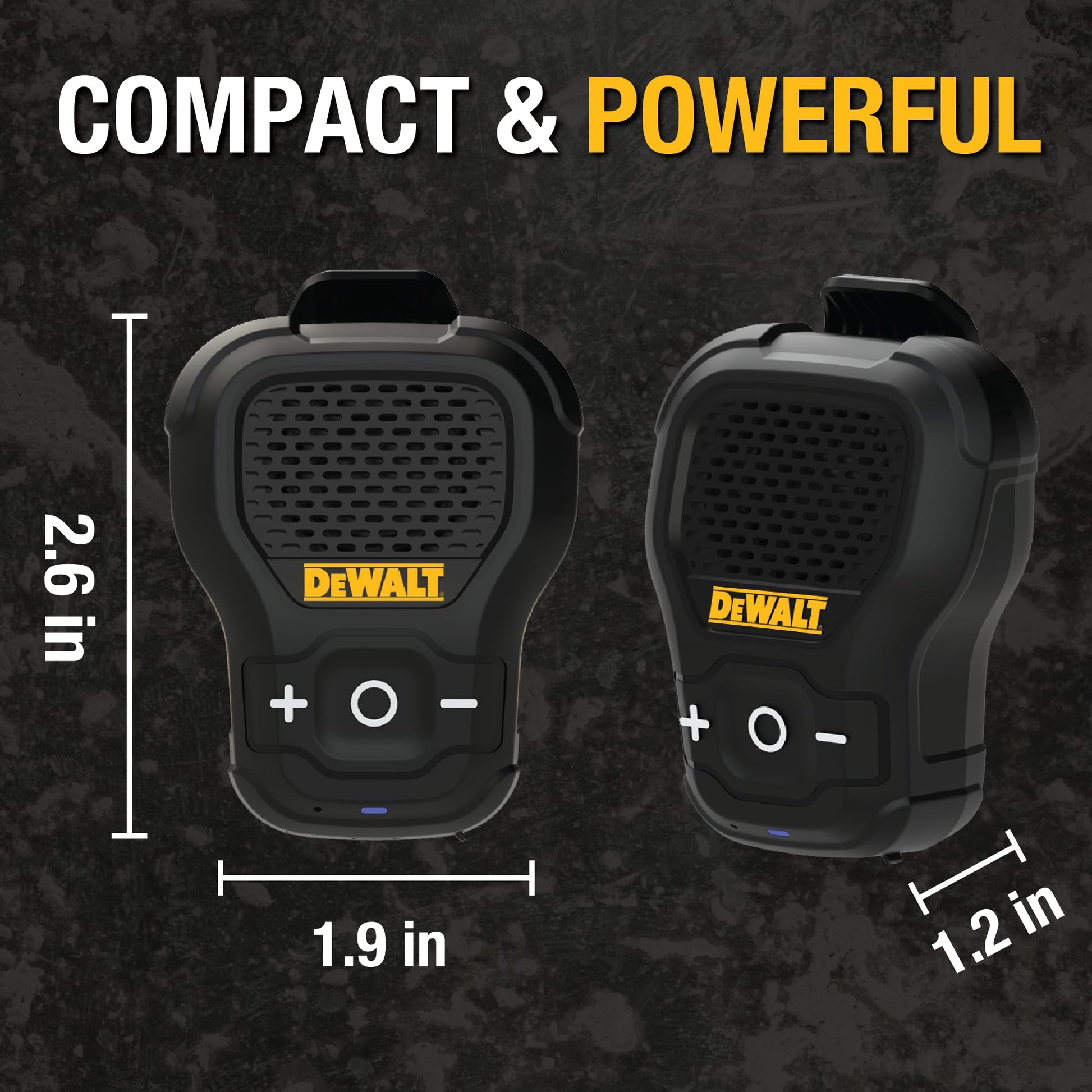 DEWALT - Altavoz Bluetooth portátil [Onyx Edition - Negro] con Clip inalámbrico Jobsite Pro Resistente al Agua (no magnético), micrófono para música y Llamadas Manos Libres, Mini Altavoces Bluetooth