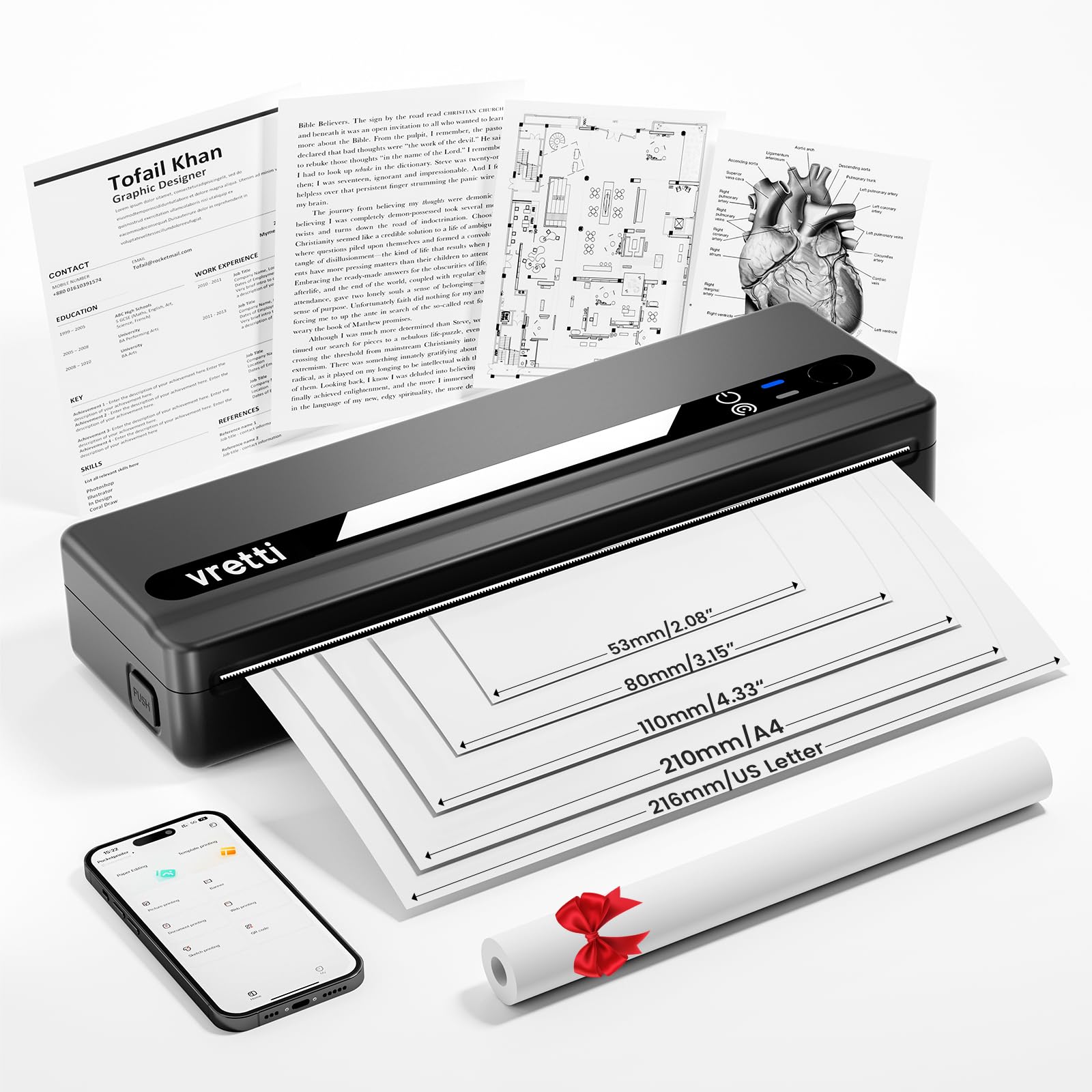 Vretti Impresora portátil inalámbrica para viajes, impresora sin tinta PB821, impresoras térmicas móviles A4, compatible con teléfono y portátil, compatible con 8.5 x 11 letras de EE. UU., etc. para