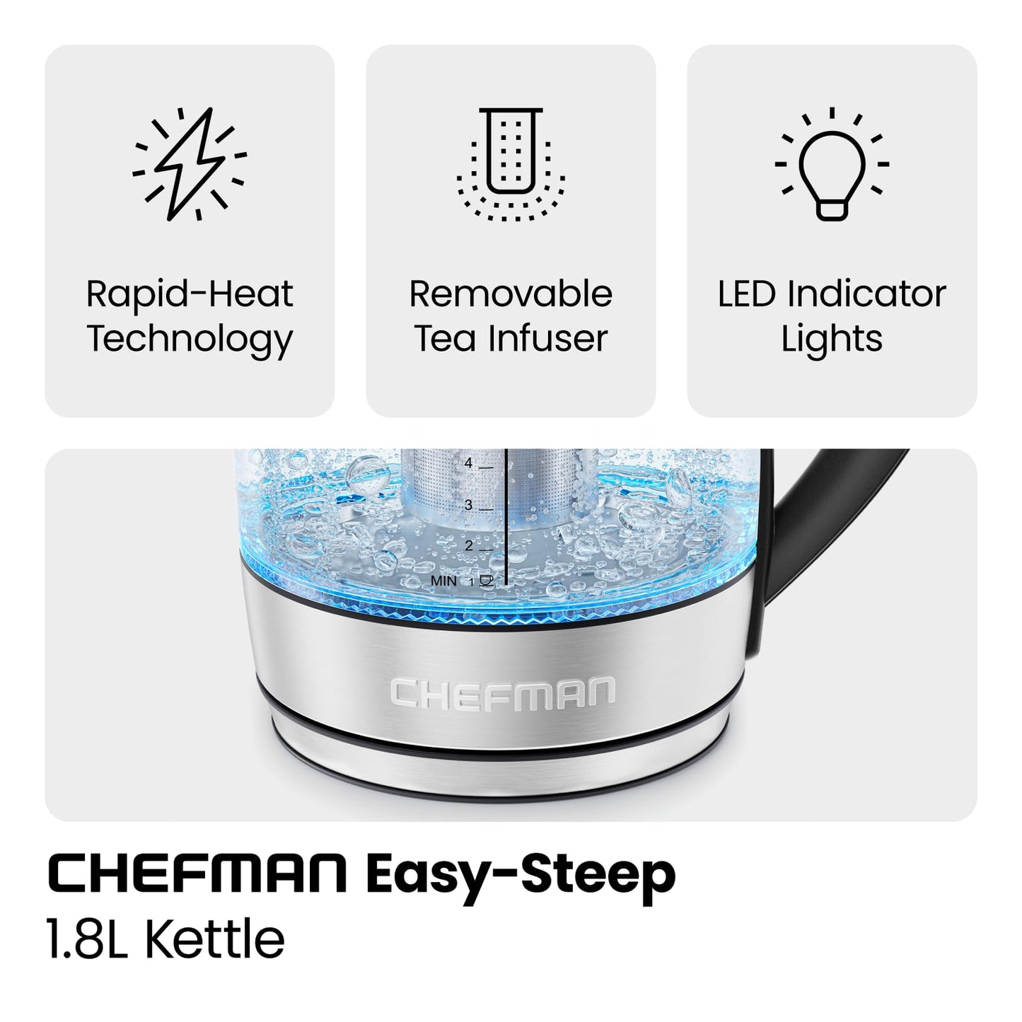 Chefman Fast W/luces LED Auto Shutoff & Hervir Seco Protección Inalámbrica, Sin BPA, Extraíble, 1,8 litros, Hervir rápido + infusor de té