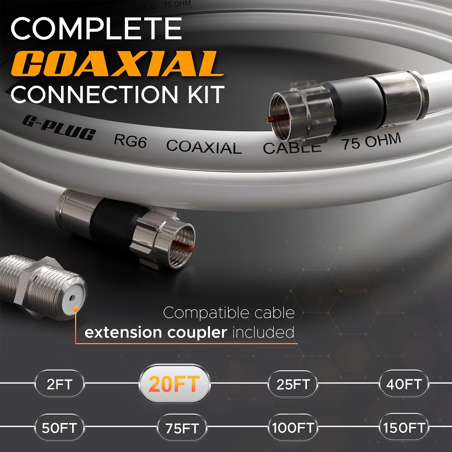 G-PLUG Cable Coaxial RG6 75 Ohm, Triple Blindaje, Conectores F Tipo Macho a Macho, Cable Antena TV, Satelital e Internet Banda Ancha, Incluye Acoplador F81, Blanco