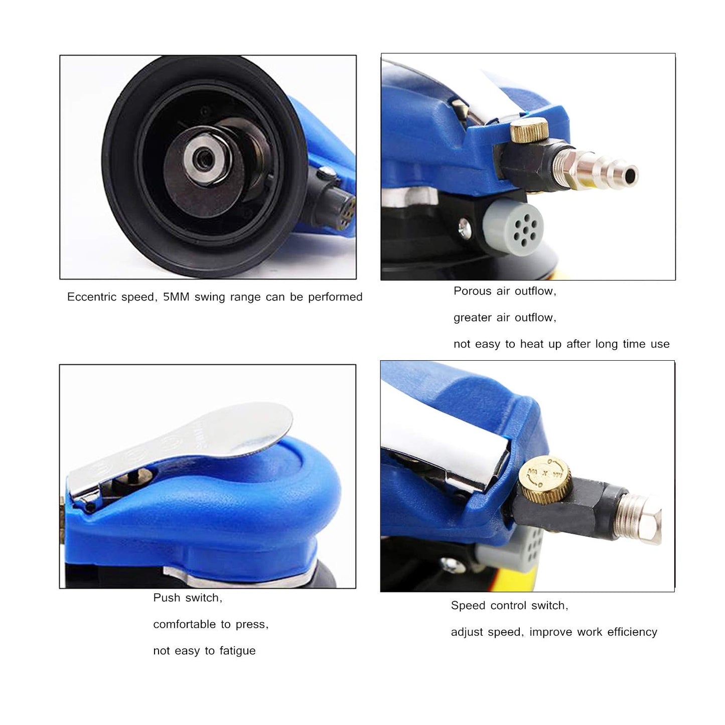 HUAXIU Lijadora orbital aleatoria de aire profesional, 5 pulgadas, azul, incluye 1 lijadora, 1 llave, 1 conector rápido