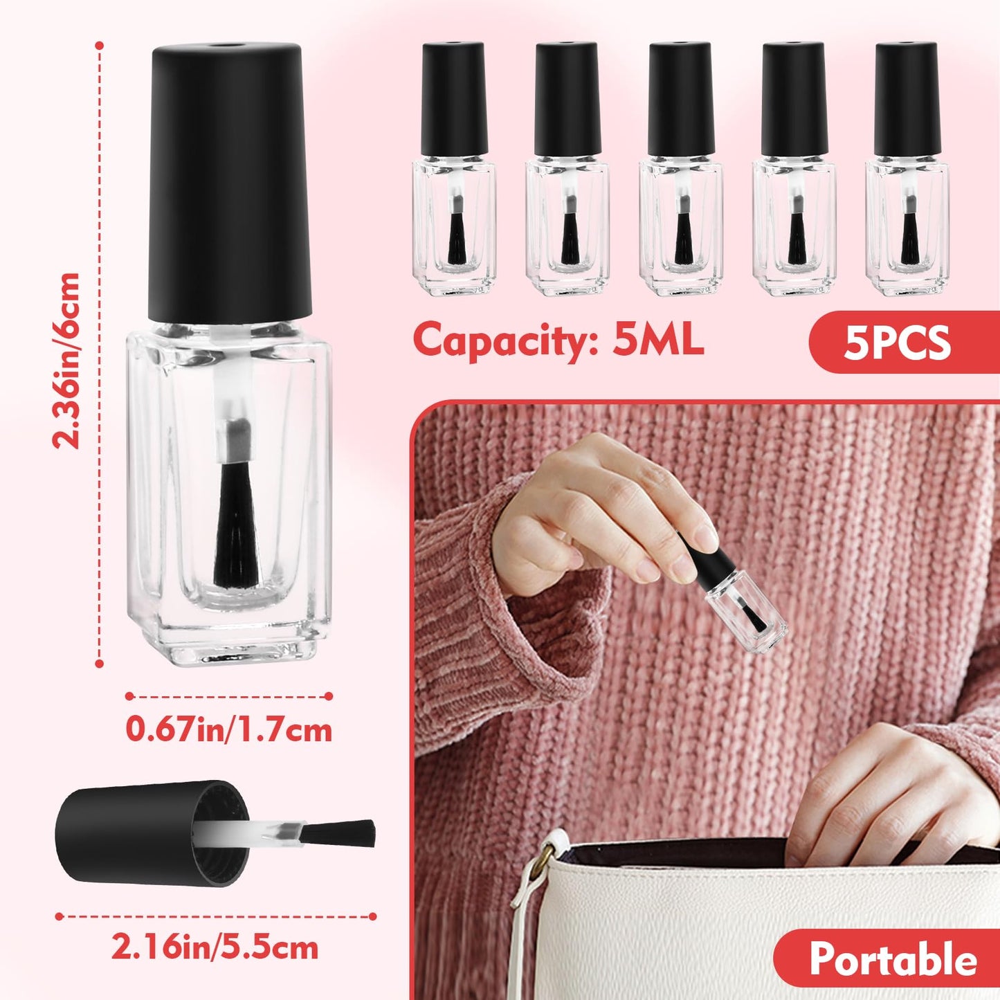 Adecco LLC Empty Nail Polish Clear Bottles with Brush Cap (5P)