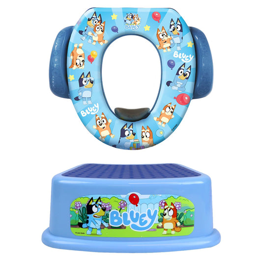 Bluey - Juego de entrenamiento para orinal, 2 piezas combinan un asiento suave para orinal y un taburete antideslizante, para niños pequeños y niños, entrenamiento para ir al baño con divertidos