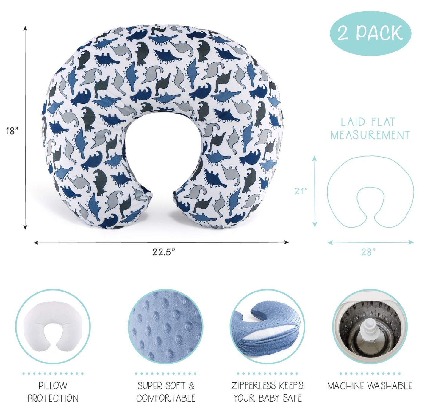 The Peanutshell - Juego de fundas de almohada de lactancia para bebés niños o niñas | Dinosaurio y lunares azul marino | 2 unidades