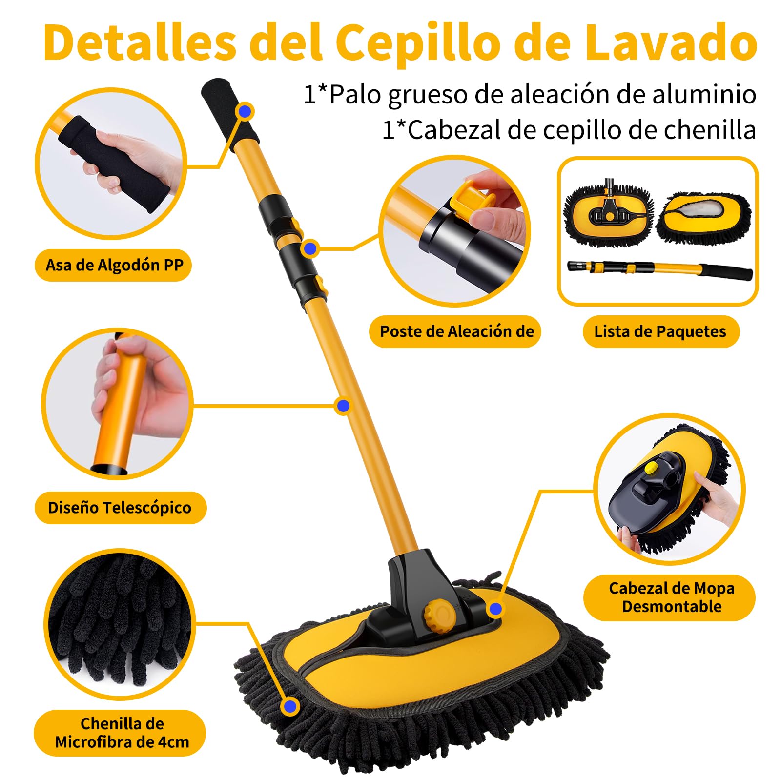 Benanei Cepillo para Lavar Carros Curvado 15°con Mango Largo, Kit de Limpieza para Auto, Chenilla Cepillo para Auto con Poste Extensible 50-120cm, para Lavar Coches, Limpiar Cristales, Fregar, Hogar