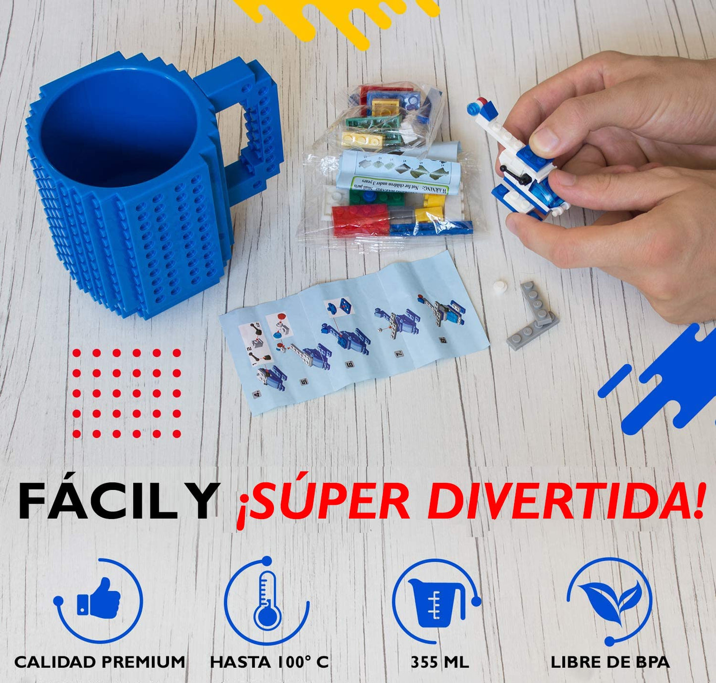 John & John Taza armable de diseño Divertido para Ladrillos, Incluye un muñeco y 2 Sets de Bloques de construcción para Jugar (10 Colores) - Azul