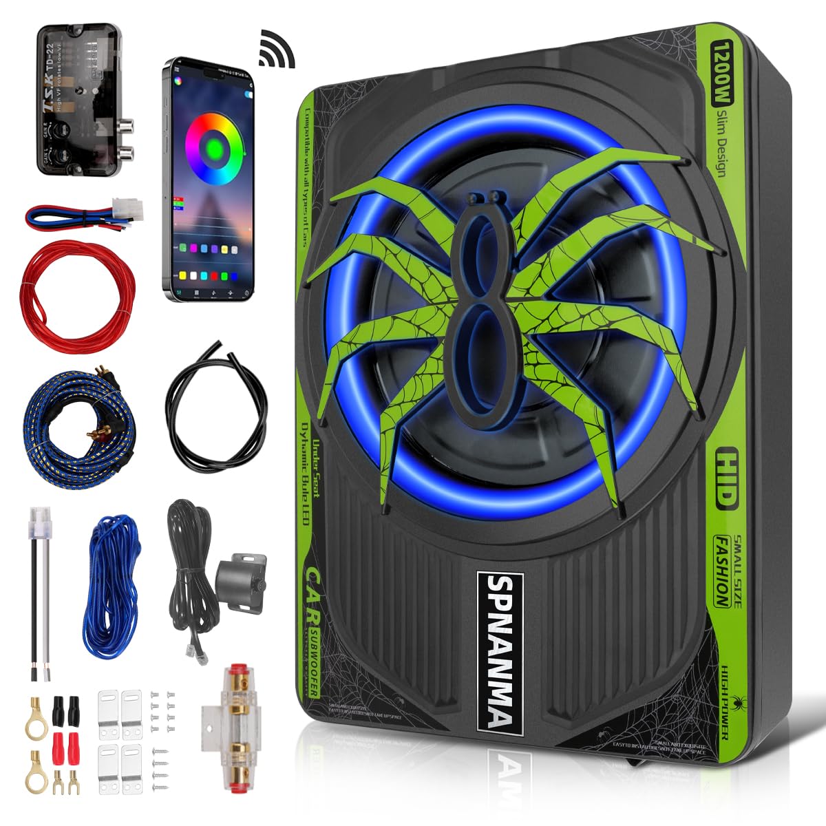 SPNANMA 2025 - Subwoofer y amplificador delgado de 1200 W, 10 pulgadas, para automóvil con luz ambiental, control individual para bajos pasos/ganancias/potenciación, graves de vibración envolvente de